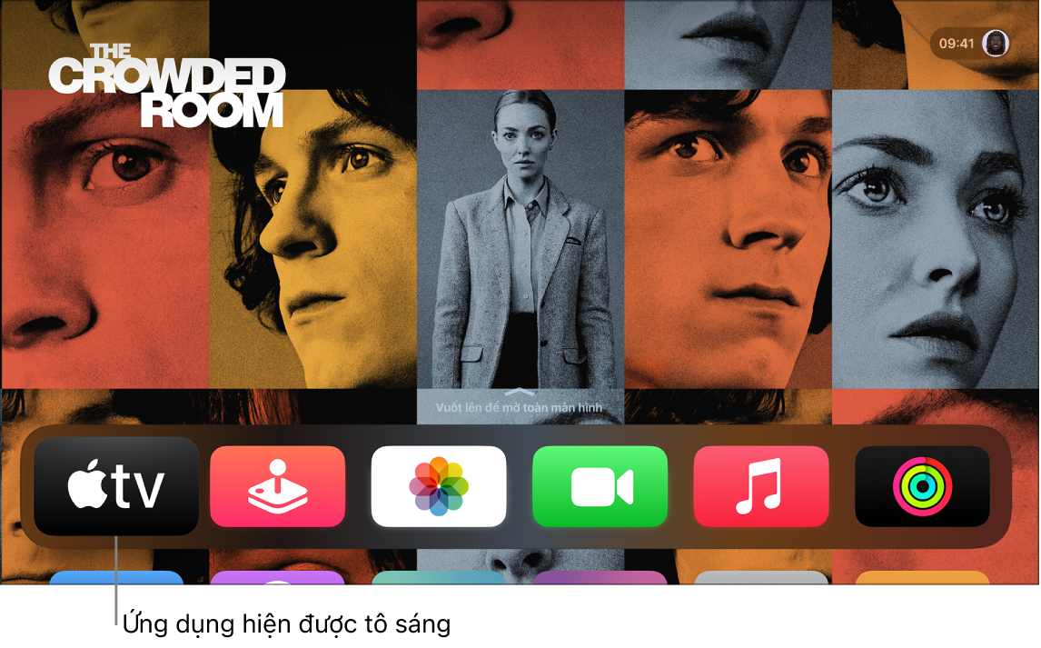 Màn hình chính trên Apple TV với ứng dụng Apple TV được tô sáng