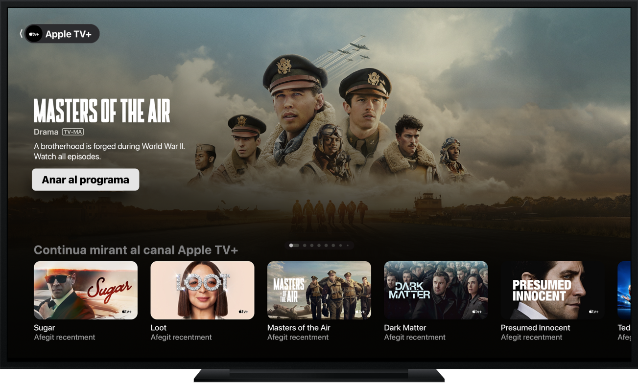 L’app Apple TV tal com es mostra a la pantalla d’un televisor.