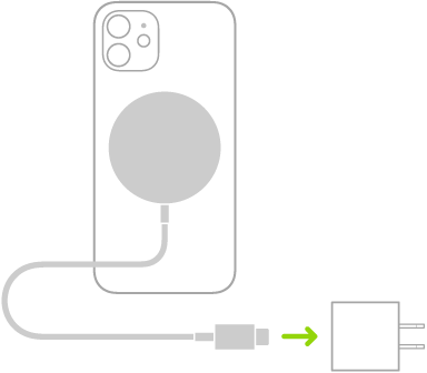 Il·lustració on es veu un extrem del carregador MagSafe col·locat a la part posterior de l’iPhone i l’altre connectat a un adaptador de corrent.