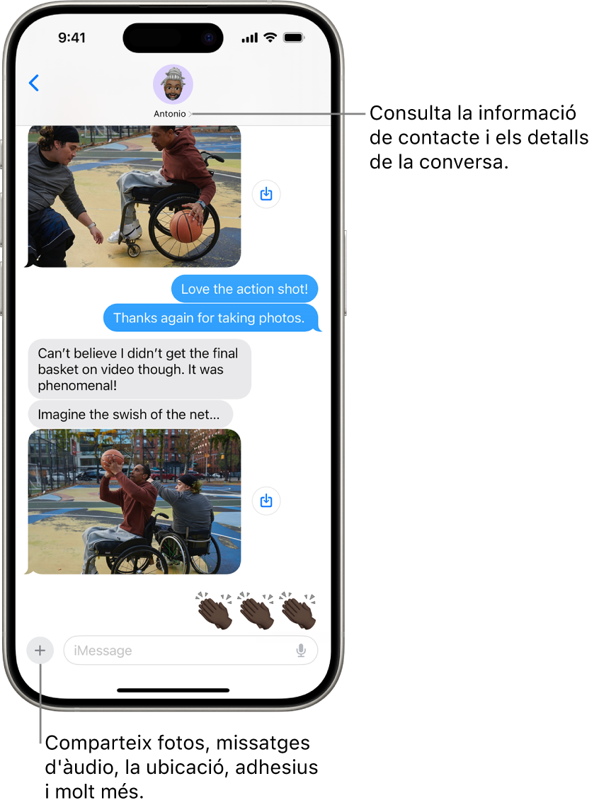 Una conversa de l’app Missatges. El nom de la persona a qui envies el missatge és a la part superior de la pantalla. Pots tocar el seu nom per veure els detalls de la conversa. A l’angle inferior esquerre hi ha el botó “Afegir”.