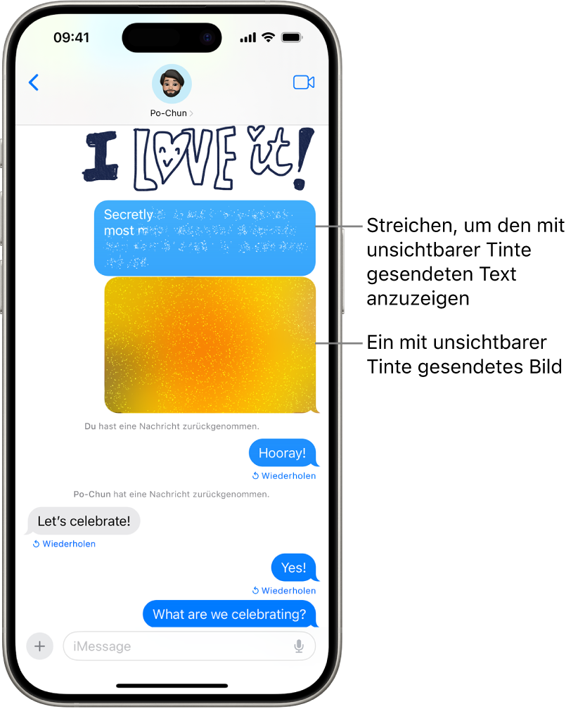 Eine Nachrichtenvorschau mit dem Effekt „Unsichtbare Tinte“.