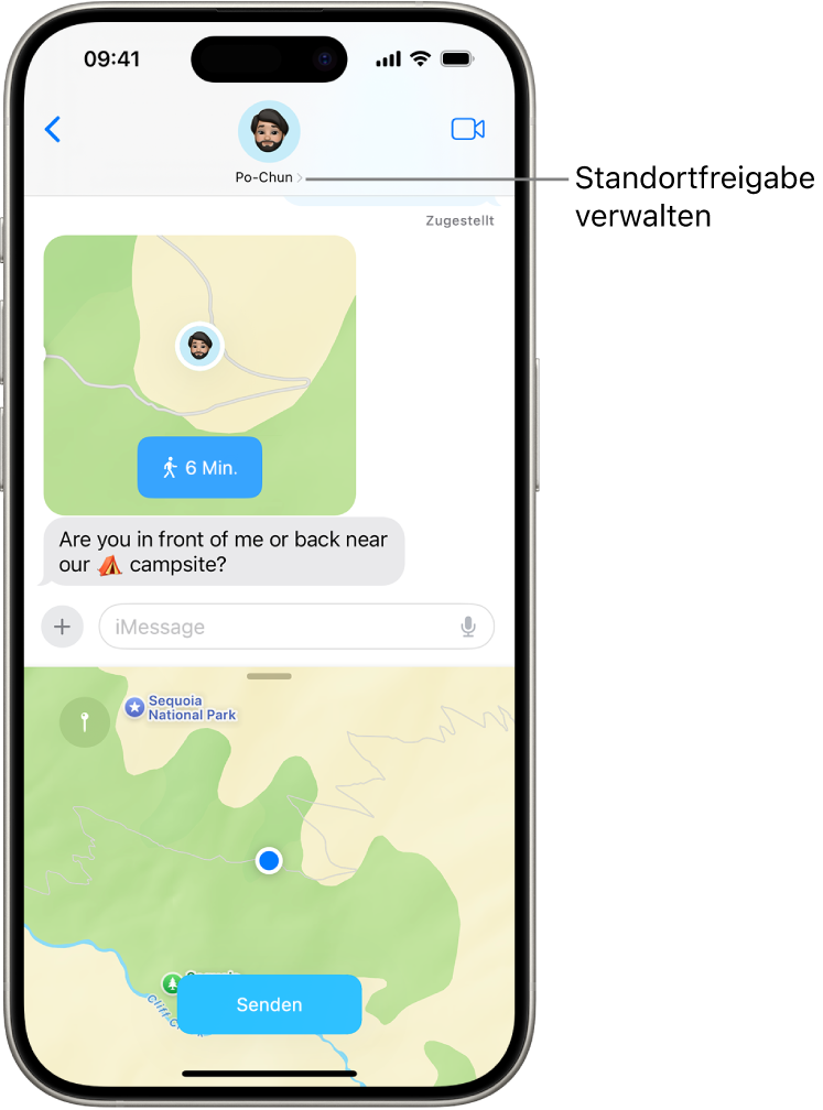 Eine Konversation mit einem geteilten Standort in der App „Nachrichten“.