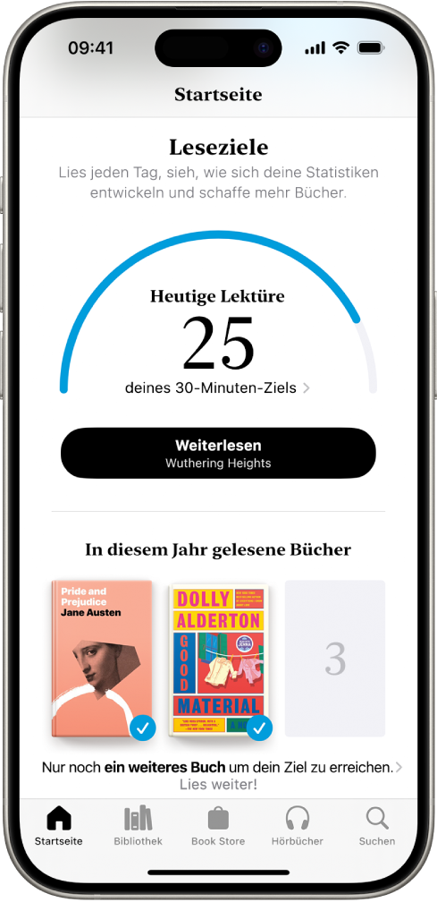 Der Bildschirm „Leseziele“ mit Benutzerstatistiken wie der heutigen Leseaktivität, dem wöchentlichen Leserekord und den in diesem Jahr gelesenen Büchern. Darunter befinden sich die Tabs „Home“ (ausgewählt), „Bibliothek“, „Book Store“, „Hörbücher“ und „Suchen“.