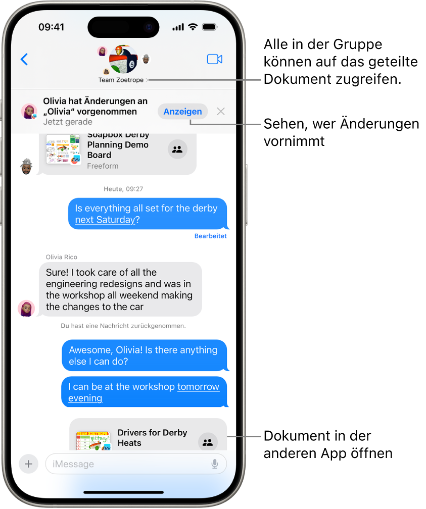 Eine Gruppenkonversation in der App „Nachrichten“ mit einer Einladung zum Zusammenarbeiten und Aktualisierungen im oberen Fensterbereich.