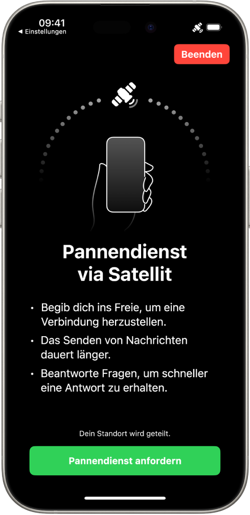 Der Bildschirm „Pannendienst via Satellit“ ist zu sehen. Unten auf dem Bildschirm befindet sich die Taste „‚Pannendienst anfordern“.