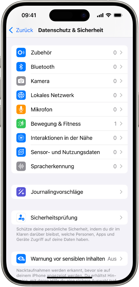 Der Bildschirm „Datenschutz & Sicherheit“ mit Einstellungen zum Steuern der Apps, die die Kamera, das Mikrofon und andere Komponenten deines iPhone verwenden dürfen.