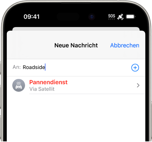 Eine neue Nachricht ist an „Pannendienst“ gerichtet. Darunter befindet sich ein Link zu „Pannendienst via Satellit“.