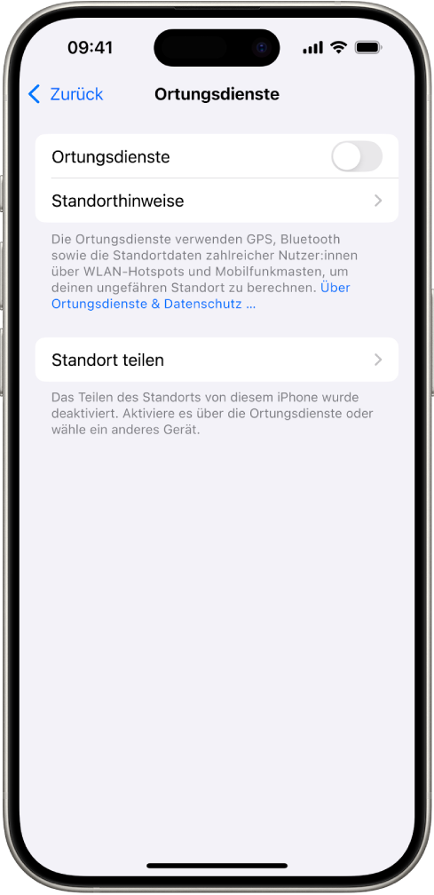 Der Bildschirm „Ortungsdienste“ mit Einstellungen für die Freigabe des Standorts deines iPhone für Apps.