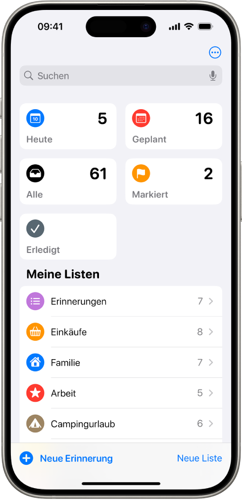 Ein Bildschirm „Erinnerungen“ mit dem Suchfeld oben. Darunter sind mehrere Listen zu sehen.