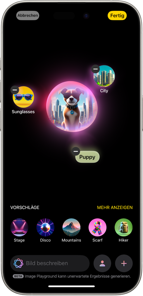 Das Fenster der App „Image Playground“ zeigt ein erstelltes Bild eines Hundes, der eine Sonnenbrille trägt.