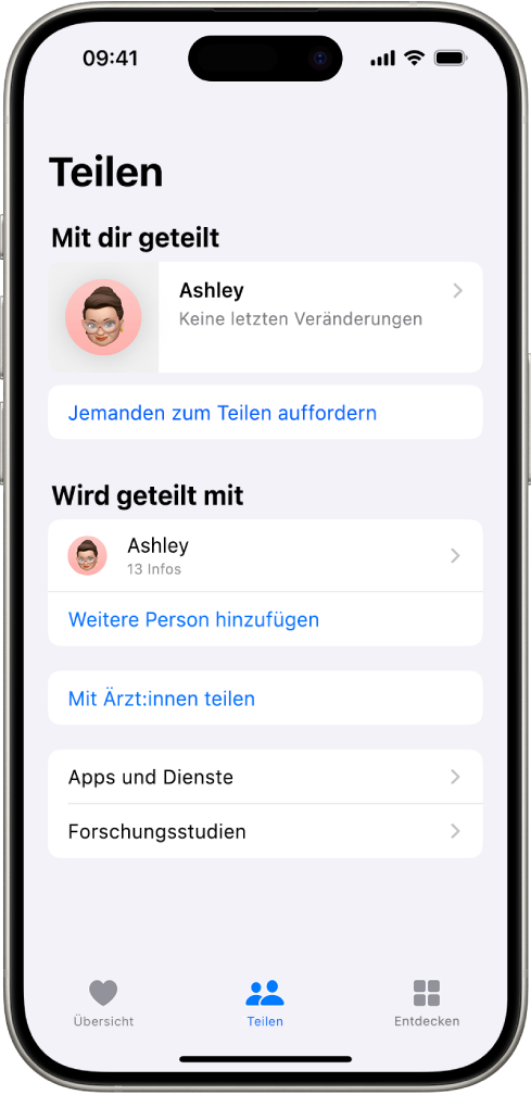 Der Bildschirm „Teilen“ in der App „Health“.