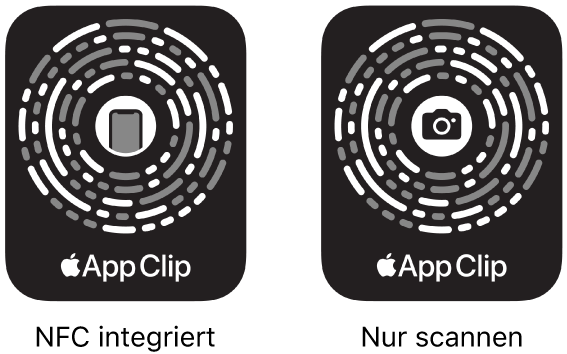 Links ist ein NFC-integrierter App Clip-Code mit einem iPhone-Symbol in der Mitte zu sehen. Rechts ist ein scanbarer App Clip-Code mit einem Kamerasymbol in der Mitte zu sehen.