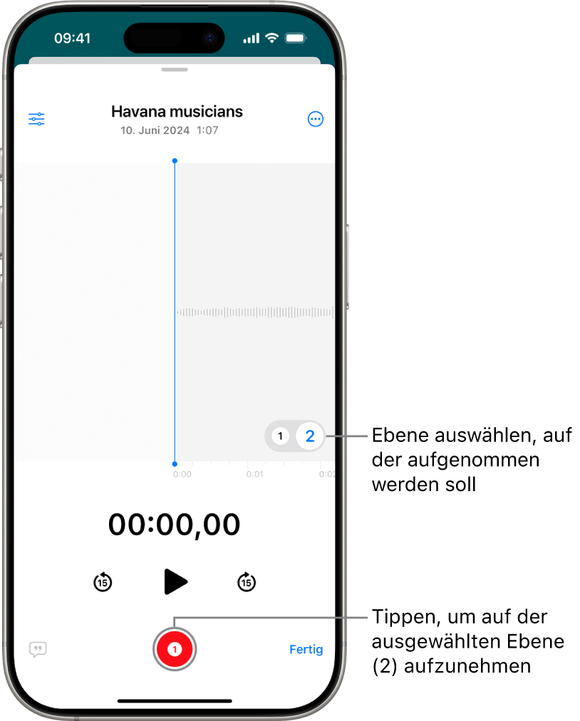 Der Bildschirm für die Aufnahme einer zweiten Ebene in „Sprachmemos“.