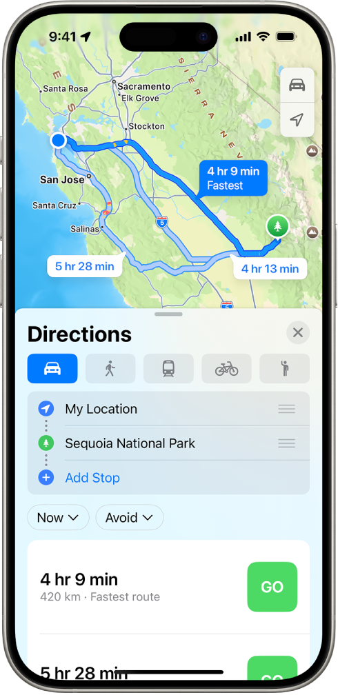 An iPhone showing a map with several driving route options to the same destination. Each route shows the estimated time and distance, and a Go button to start turn-by-turn directions. Color coding on each route indicates traffic conditions.