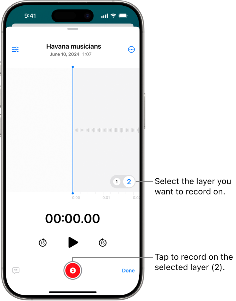 The screen for recording a second layer in Voice Memos.