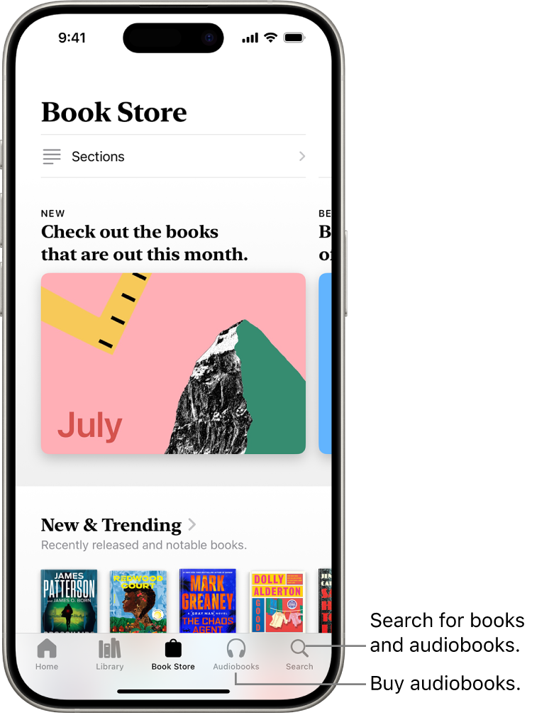 The Book Store screen in the Books app. At the bottom of the screen are, from left to right, the Home, Library, Book Store, Audiobooks, and Search tabs. The Book Store tab is selected.