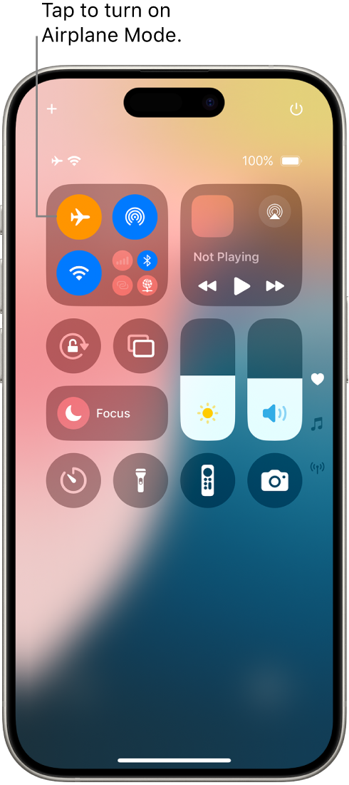 The Control Center screen showing that tapping the top-left button turns on Airplane Mode.