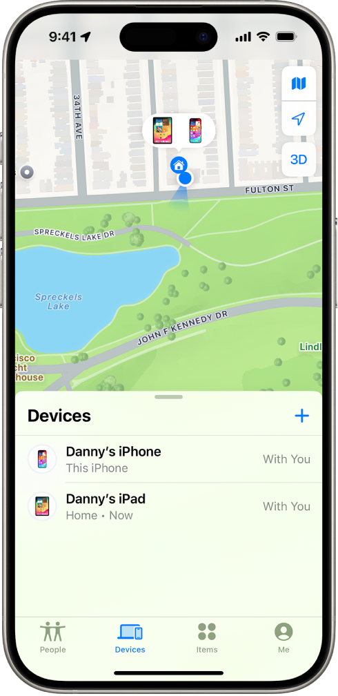 The Find My screen showing two devices at home.