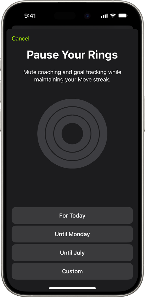 The Pause Your Rings screen in Fitness, showing options to pause Activity rings.