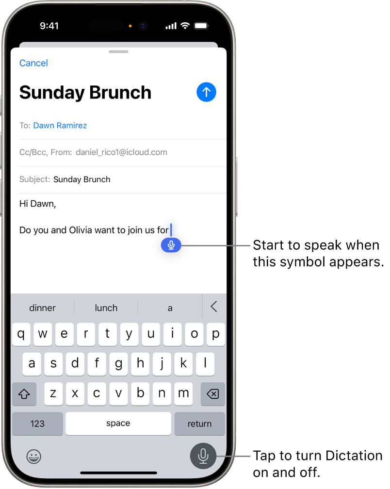 The onscreen keyboard is open in the Mail app. The Dictation button in the bottom-right corner of the screen is selected and the Dictation button appears below the insertion point in the text field.