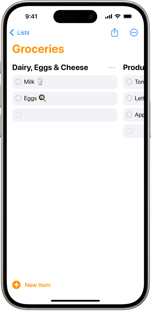 The Reminders app showing a grocery list with the categories organized as columns.