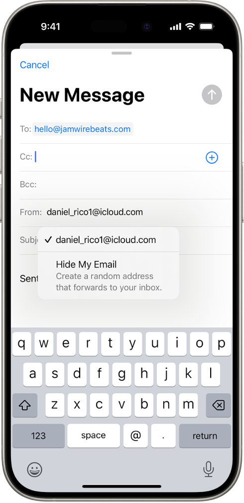 A draft email being composed. The From field is selected with two options listed below it—a personal email address and Hide My Email.