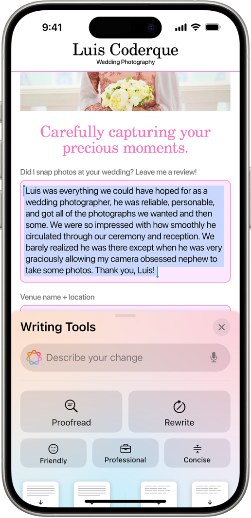 An iPhone showing highlighted text at the top of the screen and the Writing Tools pane at the bottom. The Writing Tools pane shows a field at the top where you describe the change you want. Writing Tools options appear below.