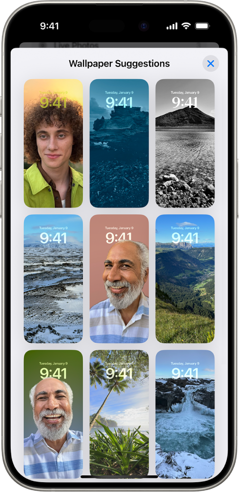 Wallpaper Suggestions is open in the Photos app. Automatically generated combinations of photos, filter effects, and clock face fonts appear in a list of suggestions.