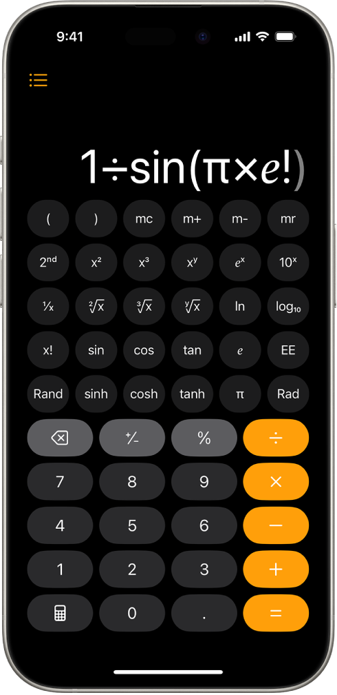 iPhone mostrando la calculadora científica para funciones con exponenciales, logaritmos y trigonometría.