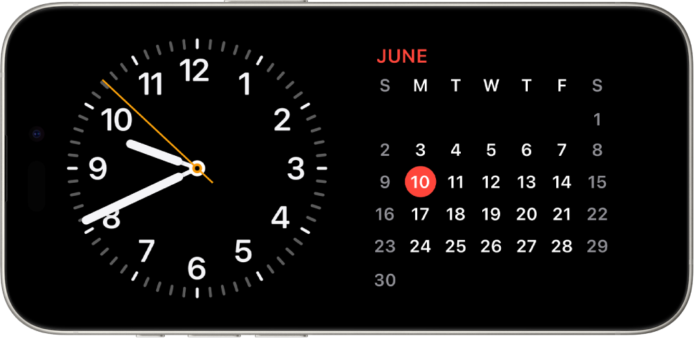 El iPhone colocado de modo horizontal. El lado izquierdo de la pantalla muestra un reloj y el lado derecho, la fecha.