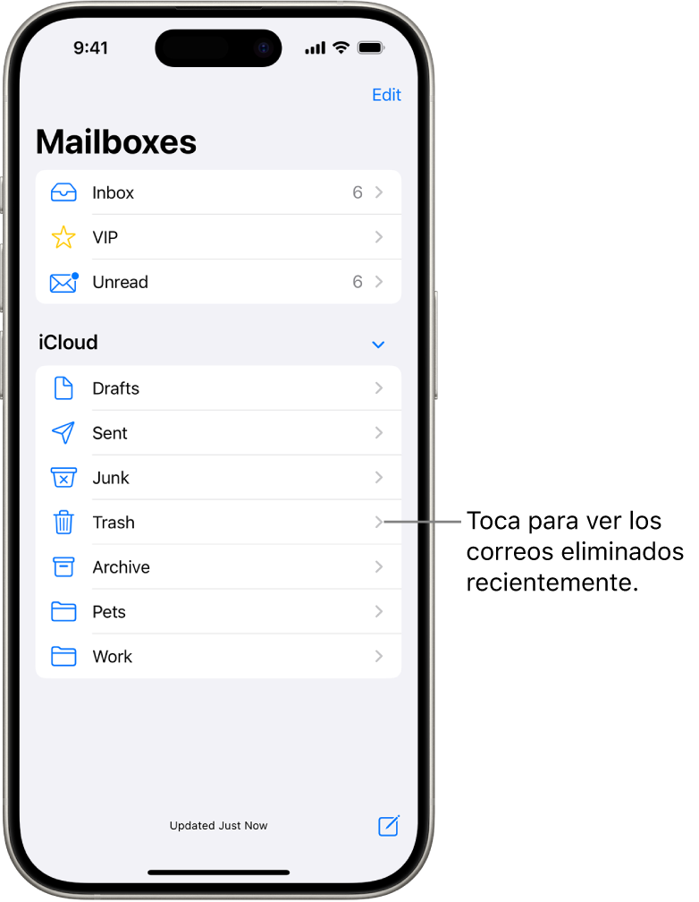 La pantalla Buzones. Debajo de iCloud, hay una lista de buzones que incluye el buzón Basurero. Tócalo para ver los mensajes de correo eliminados recientemente.