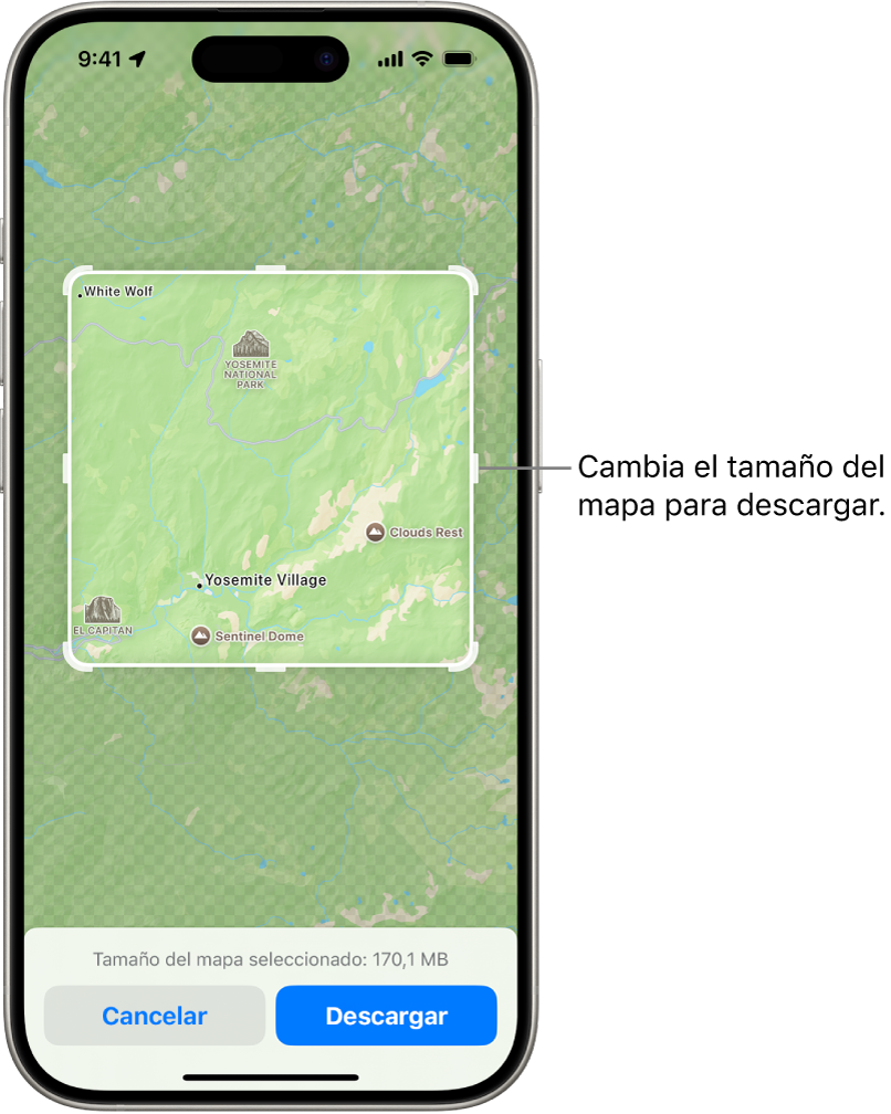 Mapa con un parque nacional. El parque está rodeado por un rectángulo con tiradores, que se pueden mover para redimensionar el mapa que se va a descargar. El tamaño de descarga del mapa seleccionado se indica cerca de la parte inferior del mapa. Los botones Cancelar y Descargar están en la parte inferior de la pantalla.