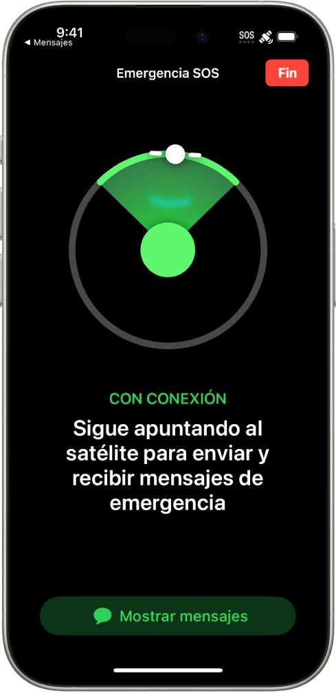 Pantalla “Emergencia SOS” que muestra el teléfono conectado y se está indicando al usuario que siga apuntando al satélite. El botón “Abriendo la app Mensajes” está en la parte inferior de la pantalla.