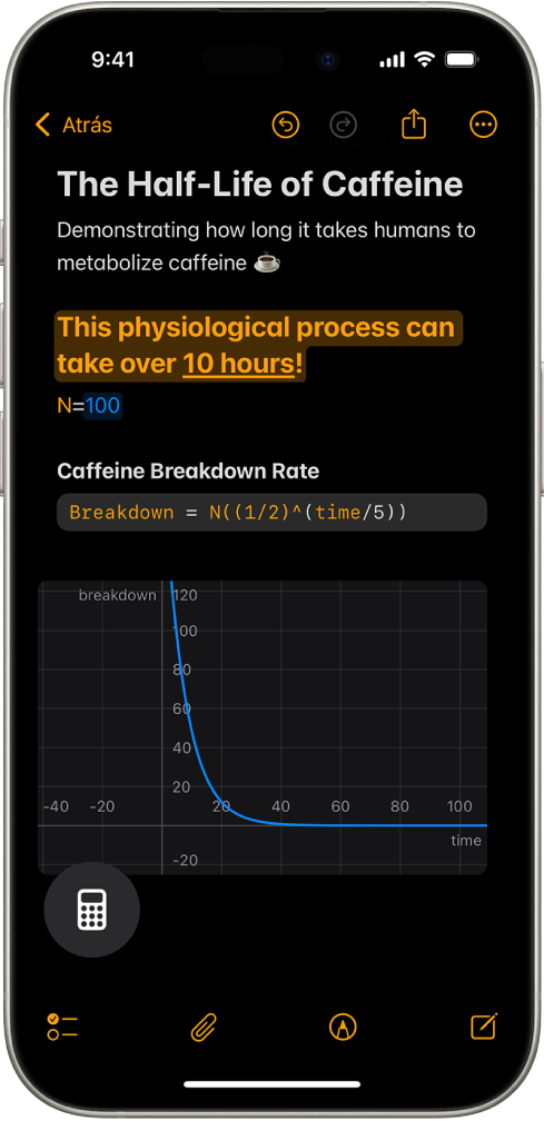 Nota matemática abierta en la app Calculadora con una variable declarada, una ecuación y una gráfica.