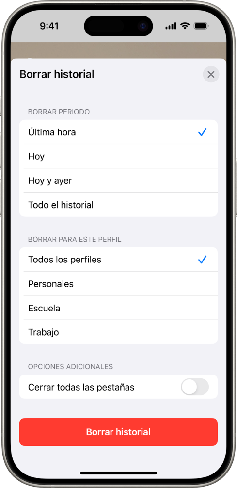 El menú “Borrar historial”. Debajo de “Borrar periodo”, la opción “Última hora” está seleccionada. La opción “Todos los perfiles” está seleccionada debajo de “Borrar para este perfil”. El botón “Borrar historial” está en la parte inferior de la pantalla.