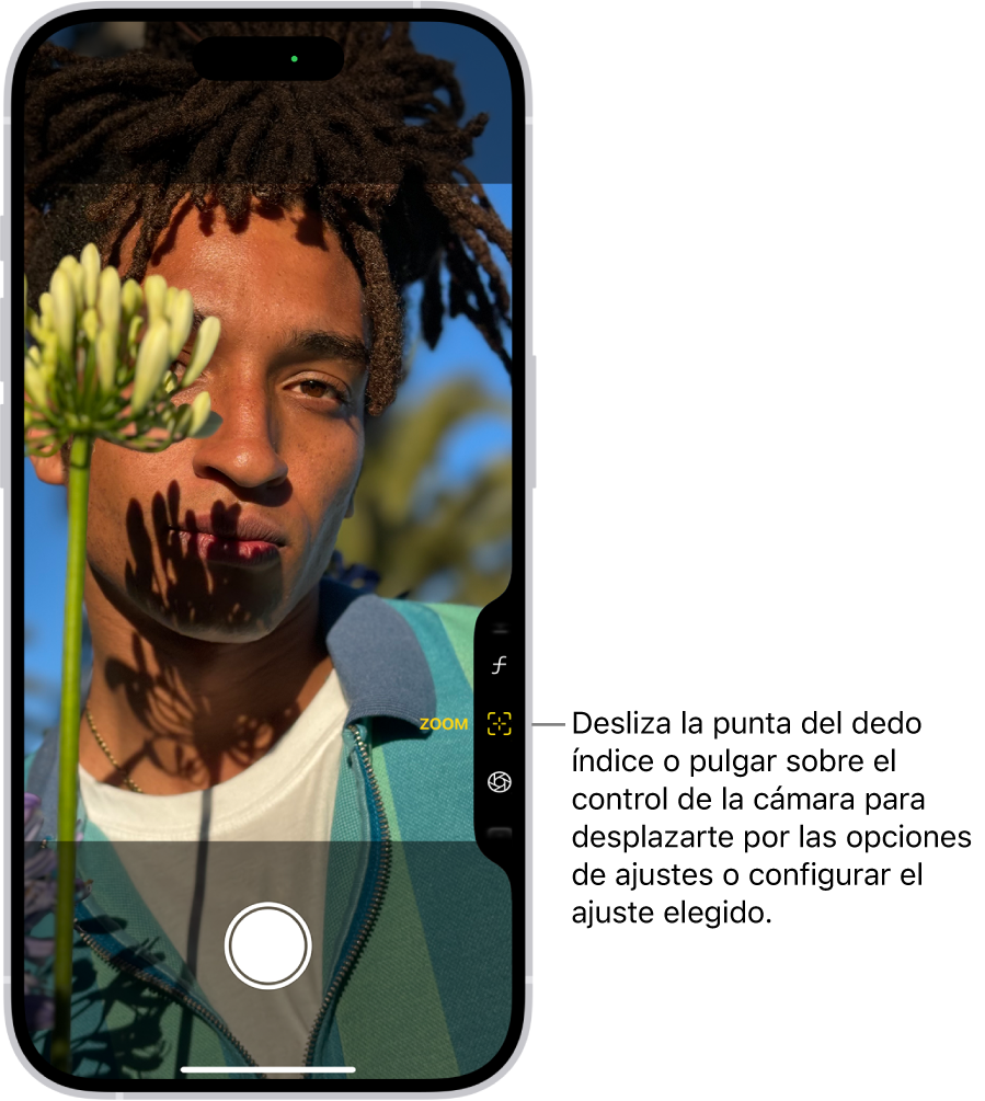 Menú “Control de la cámara” abierto en la app Cámara. El control Zoom está seleccionado.