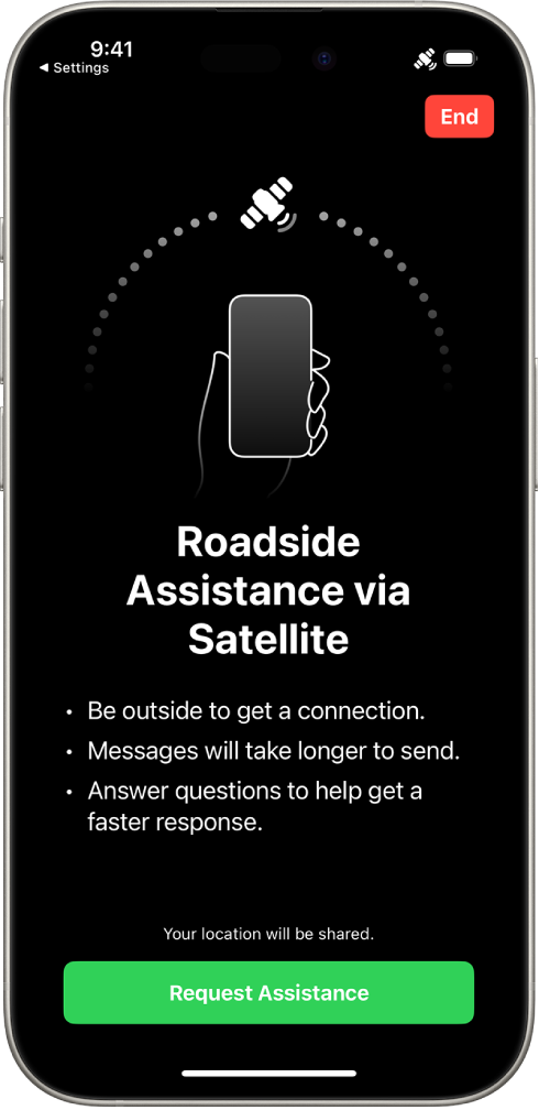 Funktsiooni Roadside Assistance satelliid kaudu kuva. Ekraani allservas on nupp Request Assistance.