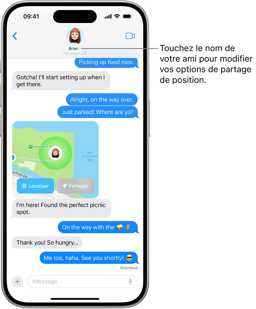 Une conversation Messages avec une position partagée à l’aide de Localisation précise.