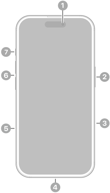 La vue de face de l’iPhone 16. La caméra avant se trouve en haut au centre. Le bouton latéral est situé sur le côté droit. Le connecteur Lightning se trouve en bas. Sur le côté gauche, de bas en haut, se trouvent le support pour carte SIM, les boutons de volume et le bouton Action.