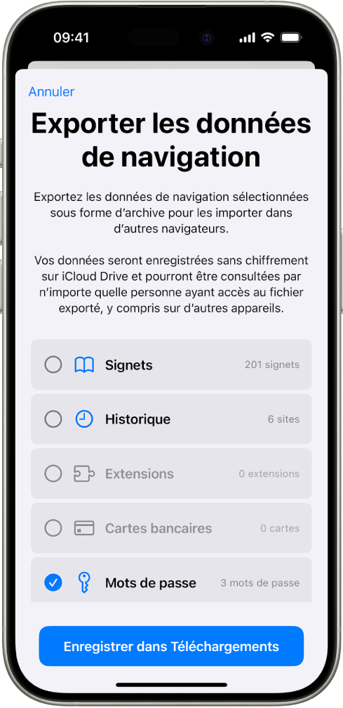 Écran Exporter les données de navigation avec l’option Mots de passe sélectionnée pour l’exportation dans un autre gestionnaire de mots de passe.