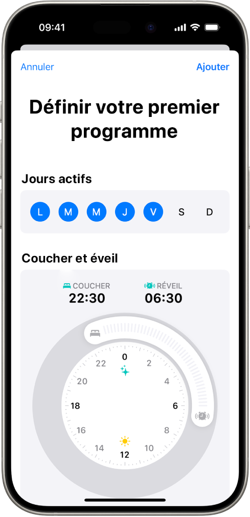 L’écran « Définir votre premier programme » dans Santé, avec une section « Jours actifs » et des heures Coucher et Réveil.