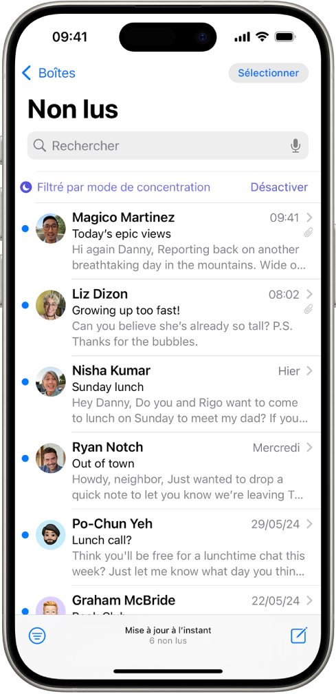 La boîte de réception affichant une liste de messages. Au-dessus de la liste des messages se trouve l’étiquette « Filtré par mode de concentration » et, à droite de celle-ci, la mention Désactiver.