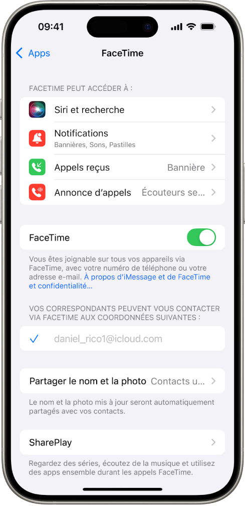 L’écran Réglages de FaceTime, avec le bouton d’activation ou de désactivation de FaceTime ainsi que le champ avec votre compte Apple pour FaceTime.