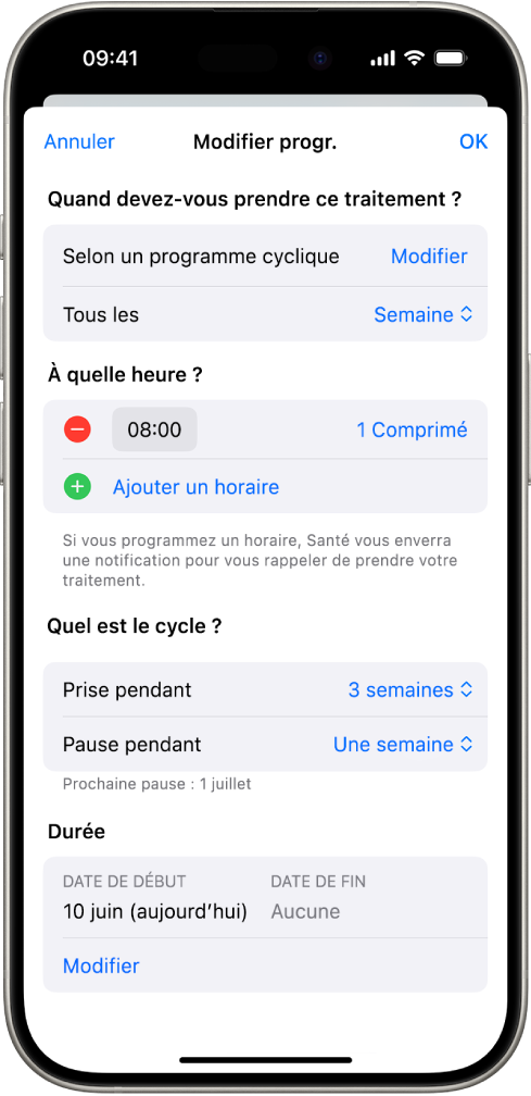 L’écran Traitements dans Santé affichant des options permettant de modifier le programme d’un traitement.