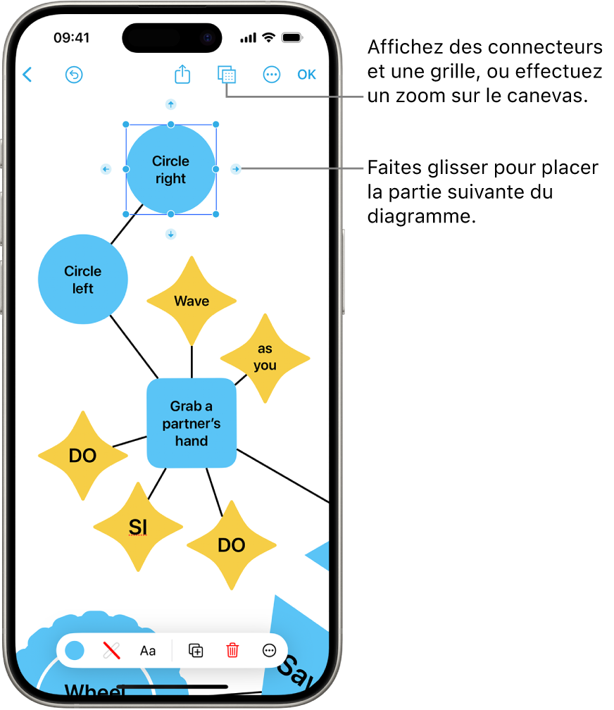 Un diagramme sur un tableau Freeform avec des connecteurs affichés sur une figure sélectionnée, et les outils de mise en forme des figures visibles en bas de l’écran.