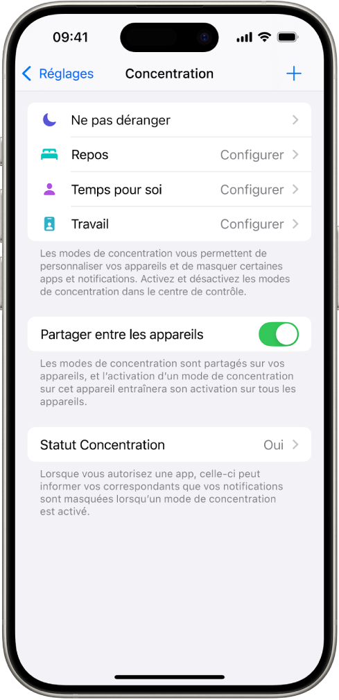 Un écran affichant cinq modes de concentration fournis : Ne pas déranger, Aucun message pendant les appels, Repos, Temps pour soi et Travail. L’option « Partager entre les appareils » est activée, ce qui permet d’utiliser les mêmes réglages de concentration sur tous vos appareils Apple.