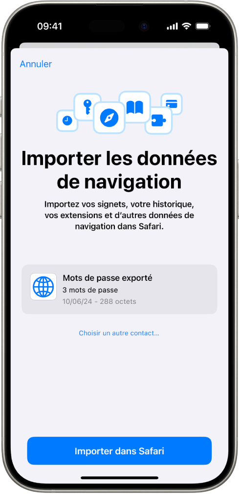 Écran Importer les données de navigation affichant le fichier CSV de mots de passe provenant d’un autre gestionnaire de mots de passe à importer.