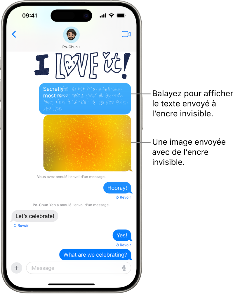 Aperçu d’un message auquel l’effet Encre invisible a été appliqué.