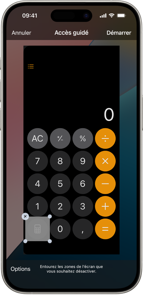 Un écran d’iPhone affichant « Accès guidé » en cours de configuration. L’iPhone est temporairement verrouillé sur l’app Calculette, et l’un des boutons de l’app a été désactivé.