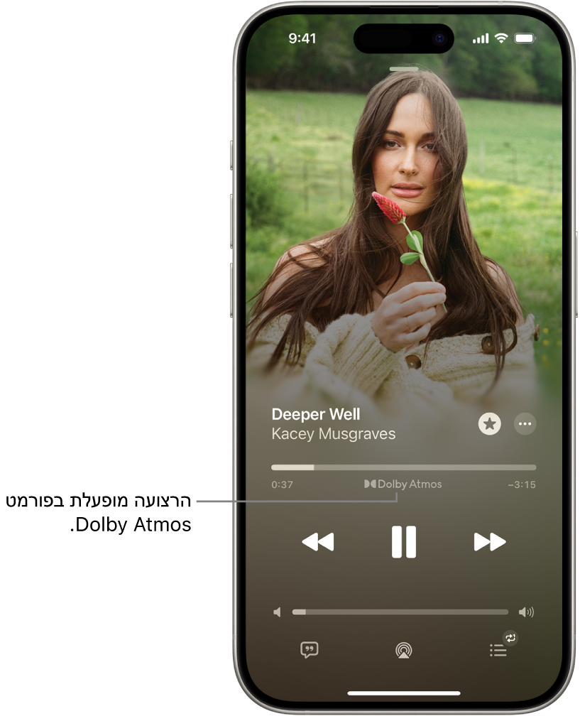 המסך ״מופעל כעת״ מציג את האייקון Dolby Atmos עבור הרצועה המופעלת.